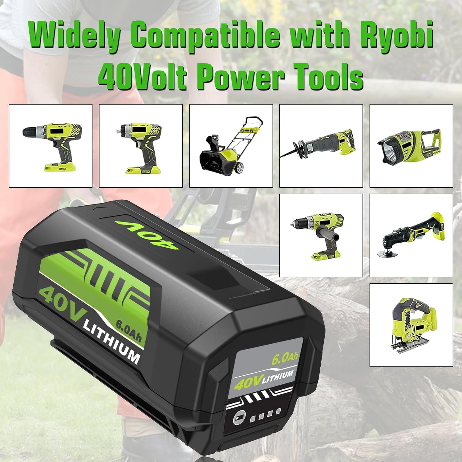 2-Pack 6000mAh Replacement for Ryobi 40V Battery and Charger Combo Compatible with Ryobi Battery 40V OP4026 OP40601 OP4050A OP4040 OP4030 OP4050 Replacement for Ryobi 40 Volt Charger