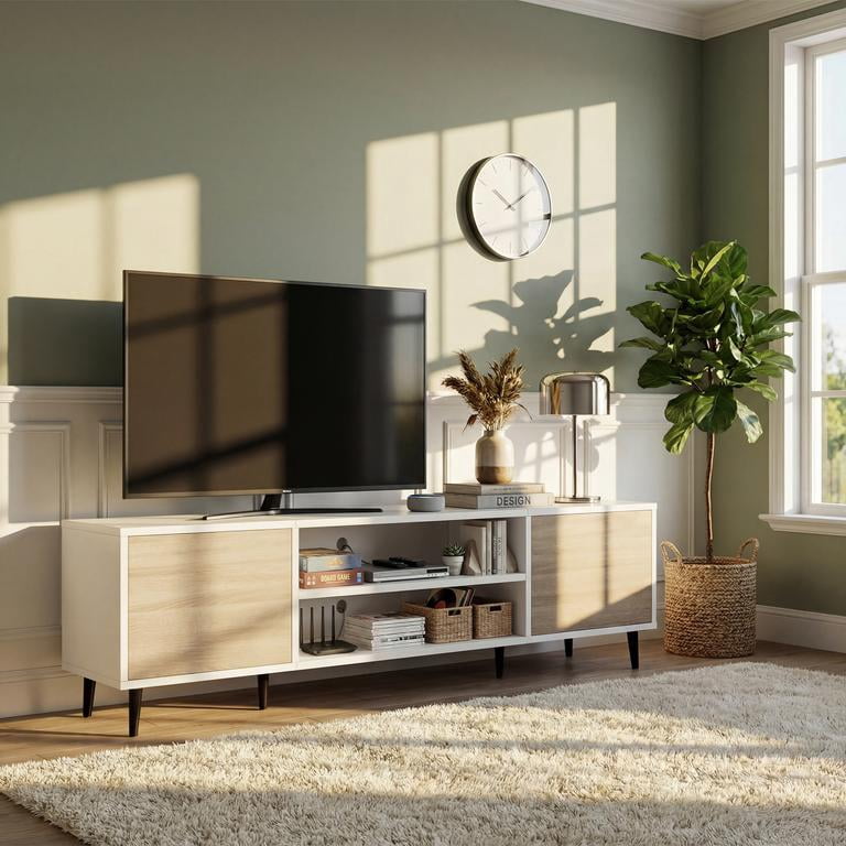 Vineego TV Stand for 70 Inch TV with 2 Push-to-Open Doors, Mid-Century Modern Media Console with Open Shelves, Entertainment Center for Living Room Bedroom, Beige & White
