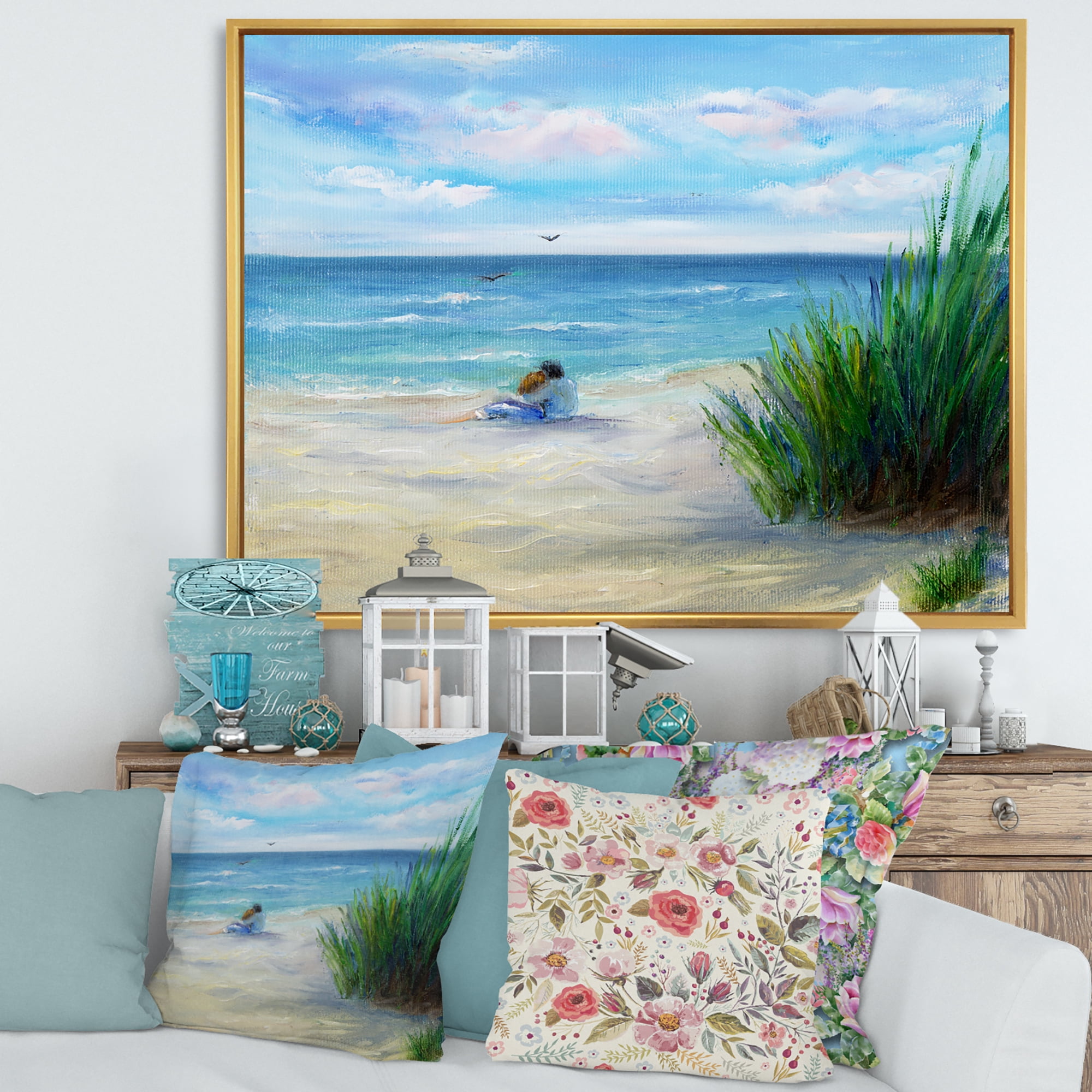 Designart 'Couple Sitting In Love By The Beach' Nautical & Coastal Framed Canvas Wall Art Print