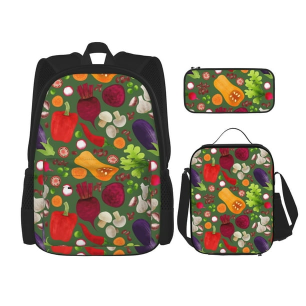 Disketp Begetable Mochila Estampada de Gran Capacidad con Lonchera y Estuche, Set de 3 Piezas para Estudiantes