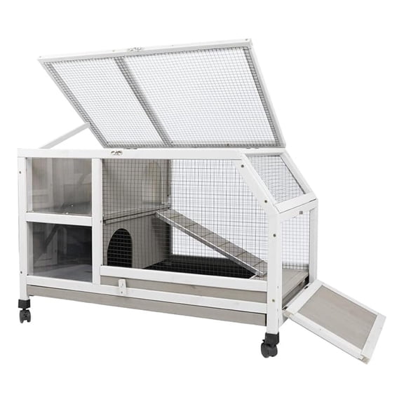 Indoor Rabbit Hutch - 36''L Outdoor Wooden Bunny Hutch with Wheels Rabbit Cage Guinea Pig Cages Removable Pull Out Tray, Ramp, Hideout, Small Animals Pet House Hamster for Bunny Cage