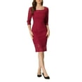 thumbnail image 1 of Vestido de encaje de manga 3/4 para mujeres, cuello cuadrado, midi, recto, talla XS, color rojo vino, 1 of 6