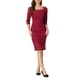 thumbnail image 1 of Vestido de encaje de manga 3/4 para mujeres, cuello cuadrado, midi, recto, talla XS, color rojo vino, 1 of 6