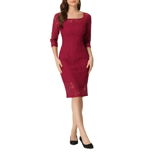 Vestido de encaje de manga 3/4 para mujeres, cuello cuadrado, midi, recto, talla XS, color rojo vino
