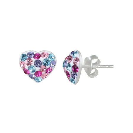 Girls' Sterling Silver Multi-Color Crystal Heart Stud Earrings