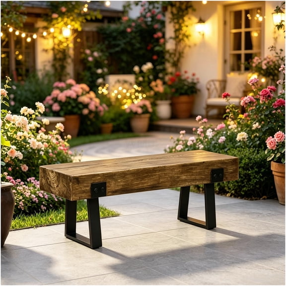 Outdoor Bench Black and Natural Concrete Wood Grain Top with Metal Sled Base for Garden Patio