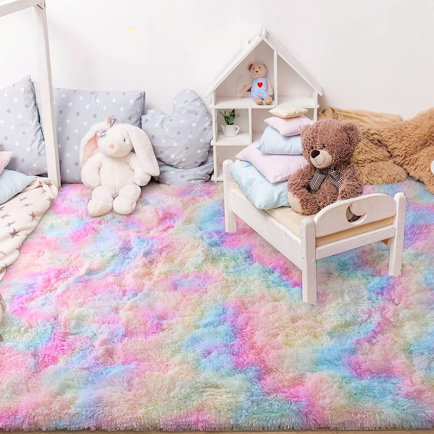 GKLUCKIN Ultra Soft Rugs, 6'x9' Fluffy Area Rugs for Living Room Bedroom  Non-Slip Tie-Dyed Rainbow Rugs Shag Cute Kids Girls Room Nursery Rugs