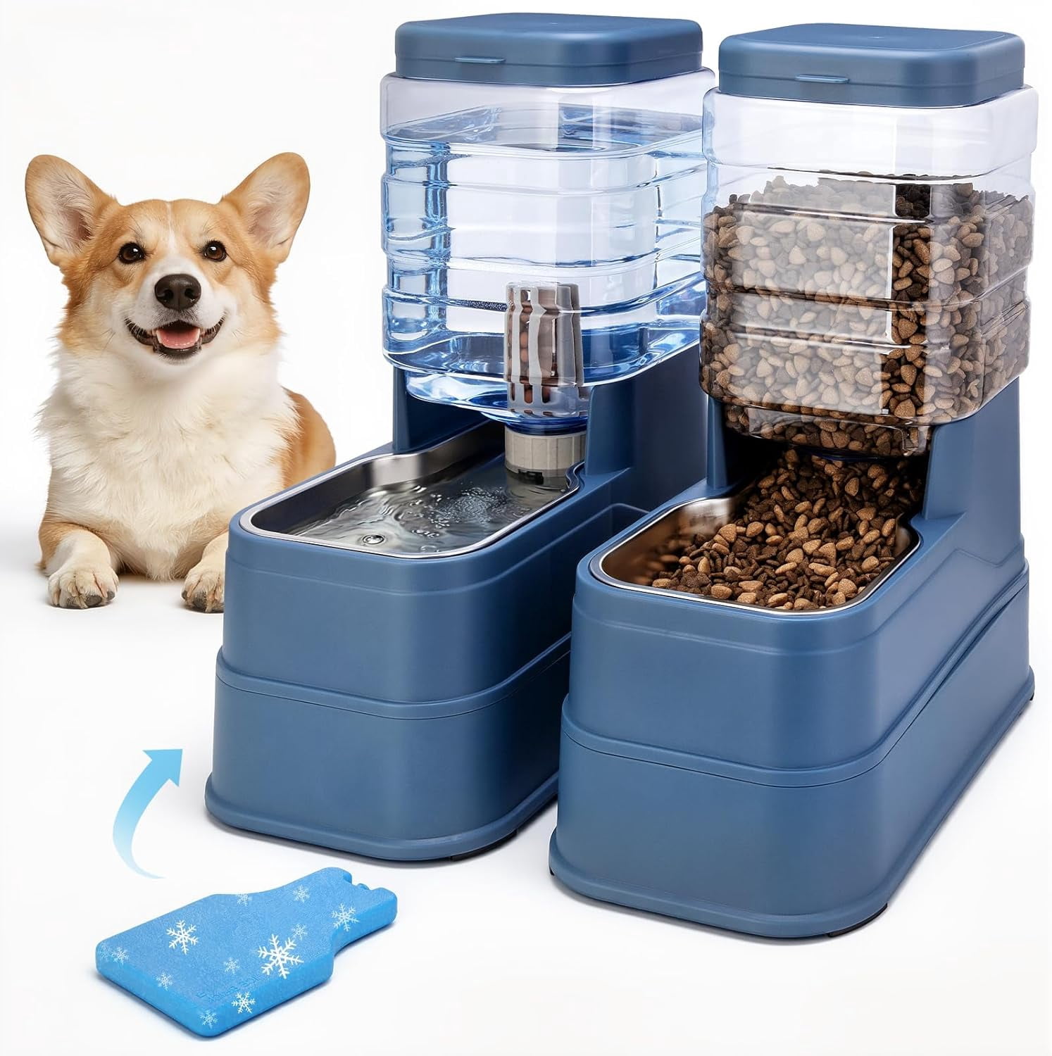 Automatic Cat Feeder and Water Dispenser with Stainless Steel Bowl with Ice Pack Gravity Food Feeder and Waterer Set Feeding Raised Bowls with Filter for Dog 1.3 Gallon x 2(White)