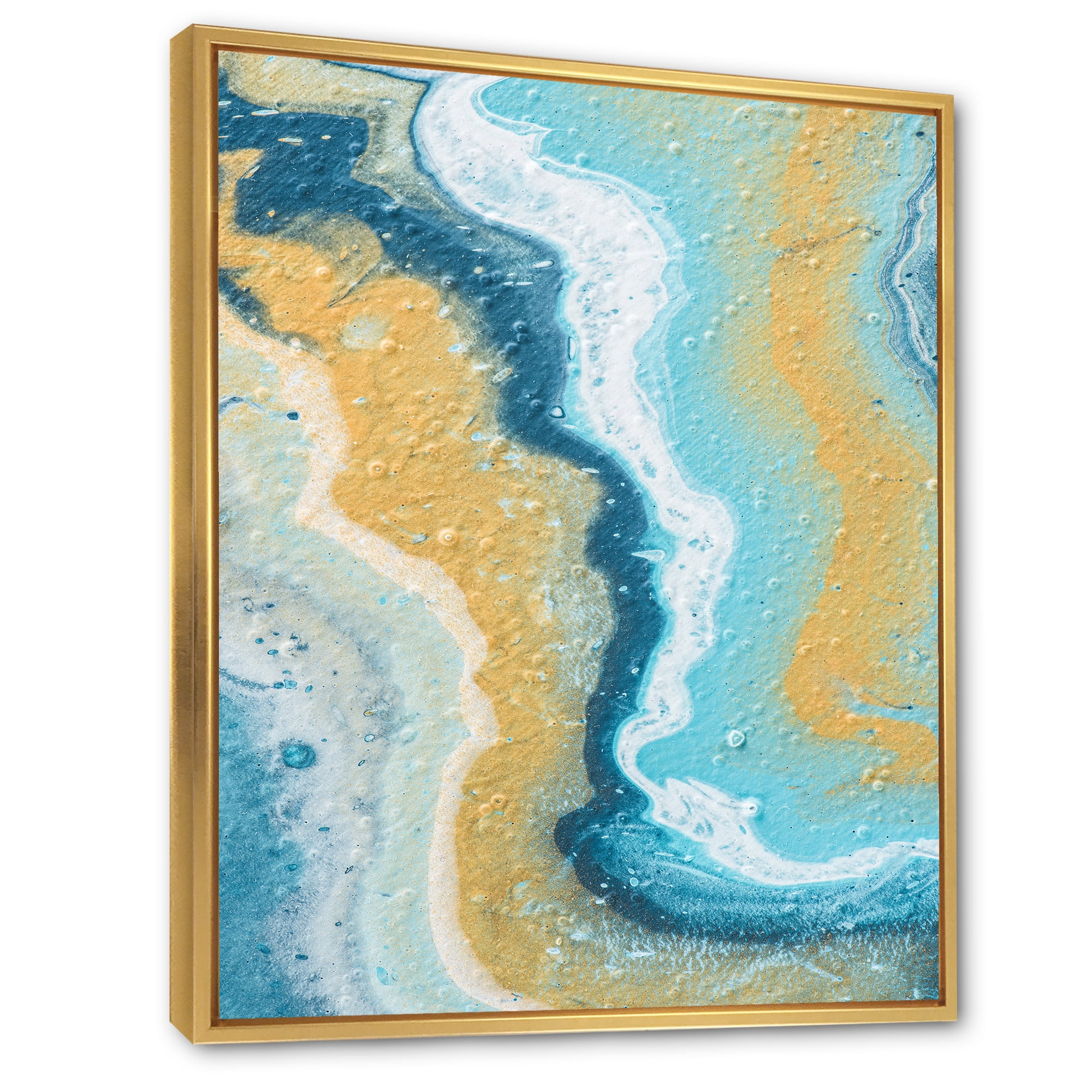 Abstract Marble Composition In Blue and Yellow III 16 in x 32 in Framed Painting Canvas Art Print, by Designart
