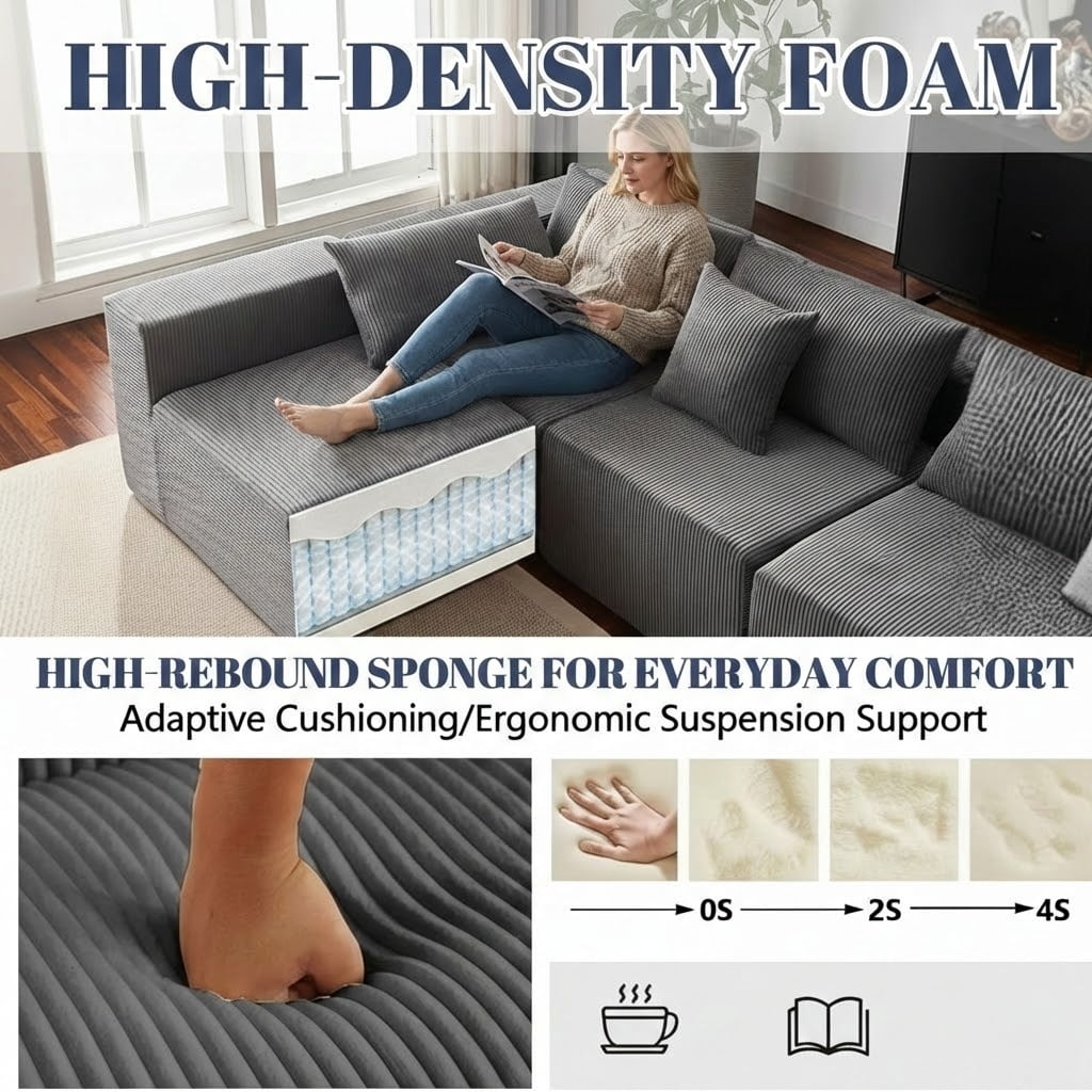 Xiweot 104” Modular Sectional Sofa, 4 Piece L Shaped Sectional Sofa & Floor Couch, Corduroy Foam Filled Compressed Sectional Couch for Living Room, Bedroom (Grey)