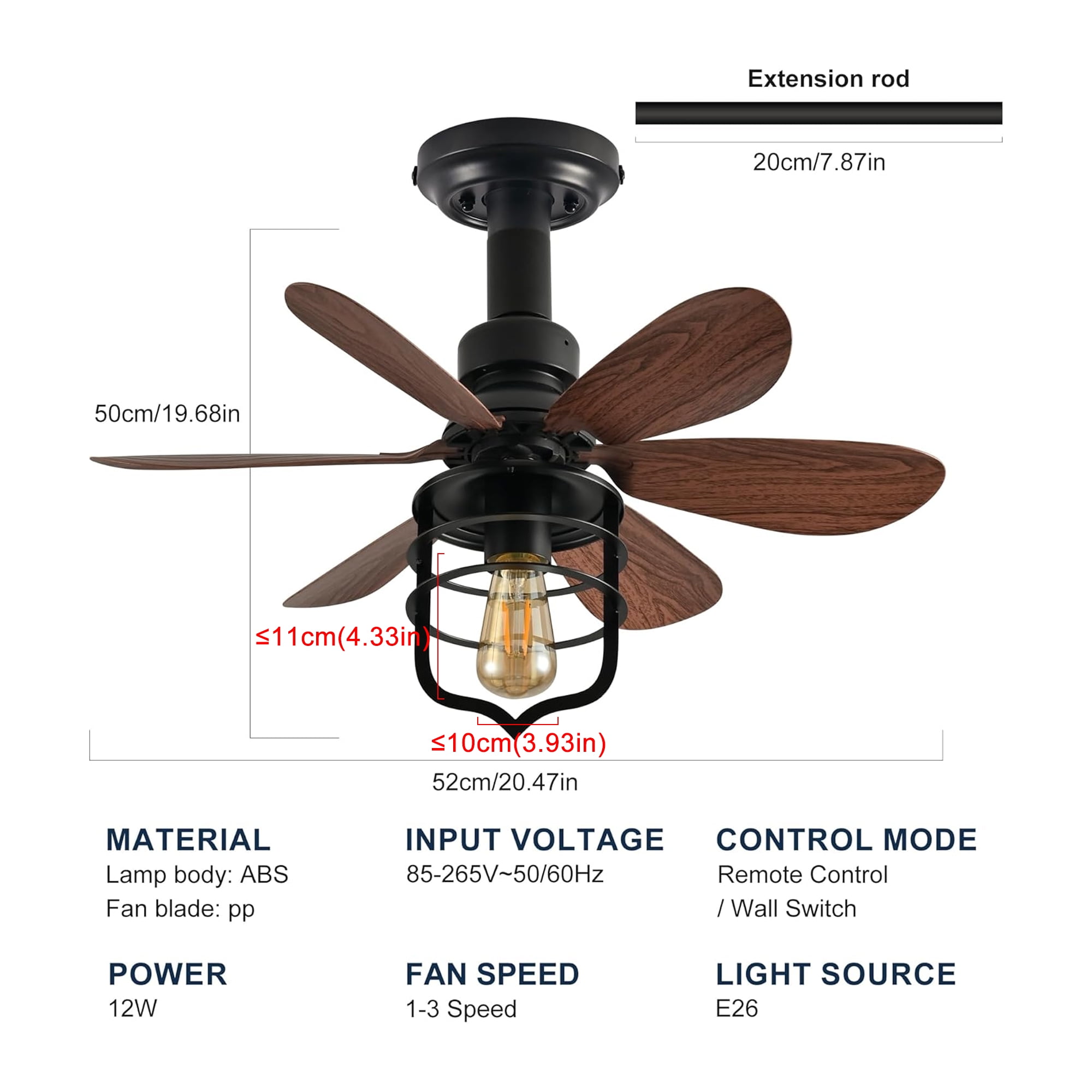 Garwarm E26 Socket Fan Light with Remote, 20" Screw-In Ceiling Fan with Lights, 3-Speed Timer Small Fan Light Bulb for Bedroom Kitchen Island Garage