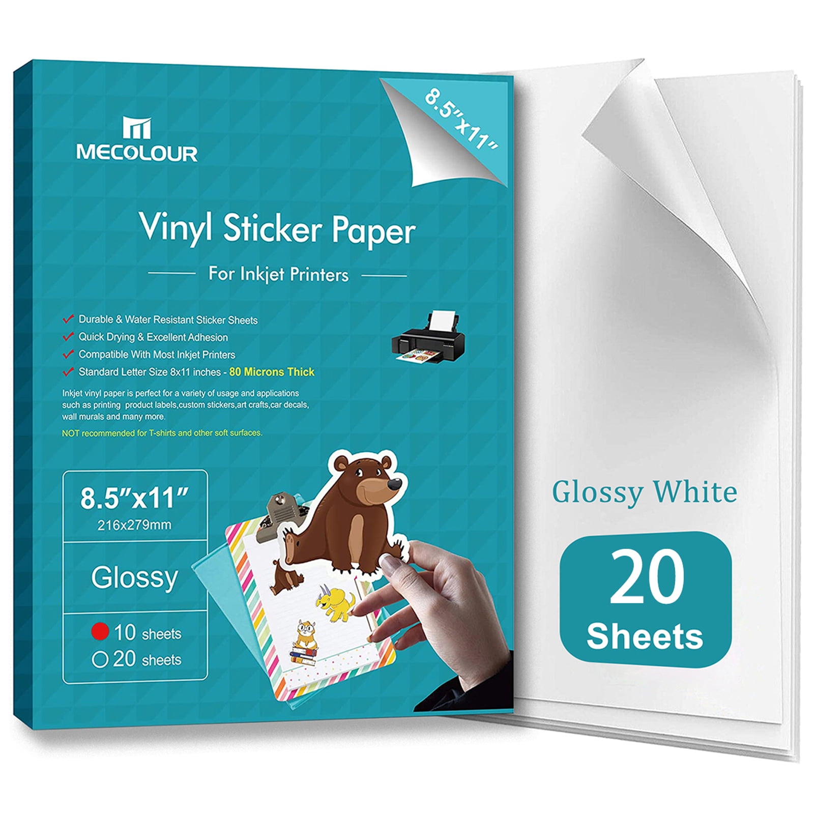 Printable Vinyl Sticker Paper for Inkjet Printer Glossy White 50 Pack Printable Vinyl Standard Letter Size 8.5x11 
