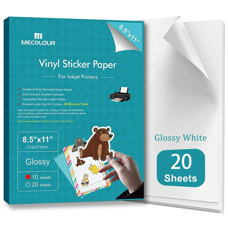 Printable Vinyl Sticker Paper for Inkjet Printer Glossy White 20X 8.5X11 Waterproof  Decal Paper MECOLOUR 