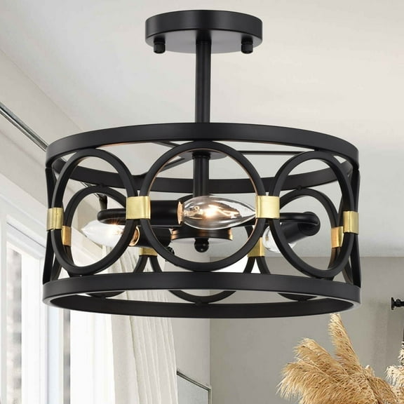 ASHOP Semi Flush Mount Ceiling Light Fixture, 3-Light Black and Gold Chandelier