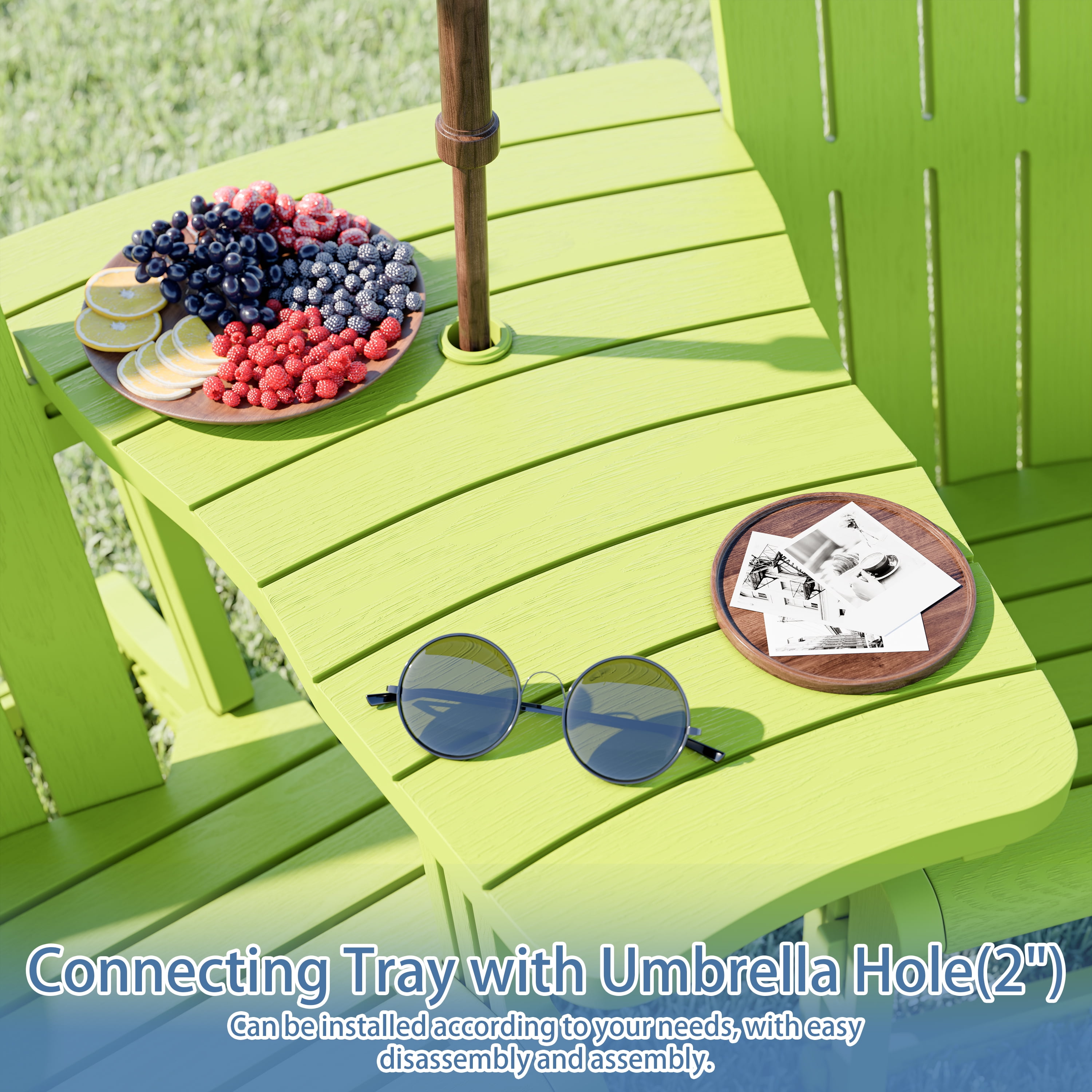 Walsunny Adirondack Chairs Set of 2 HDPE Outdoor Chair Set with Connecting Tray Cup Holder Removable Tabletop Pull-Out Footrest,All-Weather HDPE Outdoor Chair Set,Green