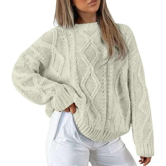 DuoJiaJ Sweaters for Women Pullover Cable Knit Crewneck Long Sleeve Oversized Winter Clothes Loose Trendy Tops Beige XS