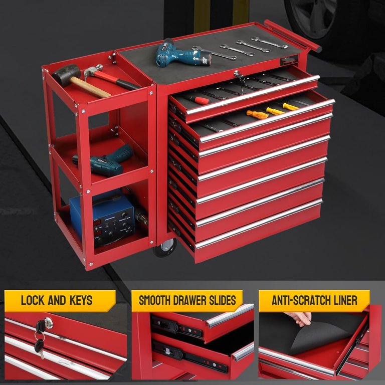 Ktaxon 7-Drawer Rolling Tool Chest with Side Shelves, Tool Storage