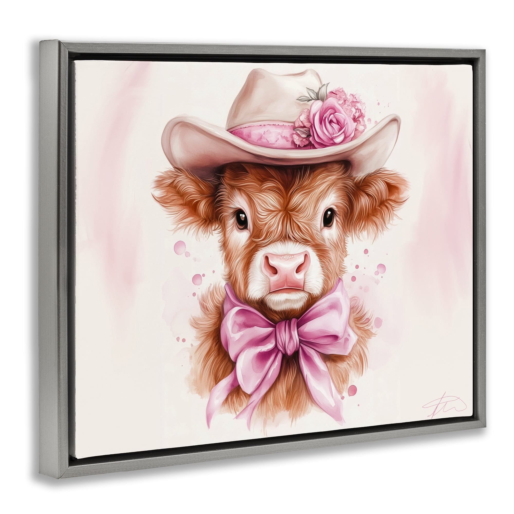 Pretty In Pink Cow Gray Framed Floater Canvas Wall Art, design by Shawna Stewart
