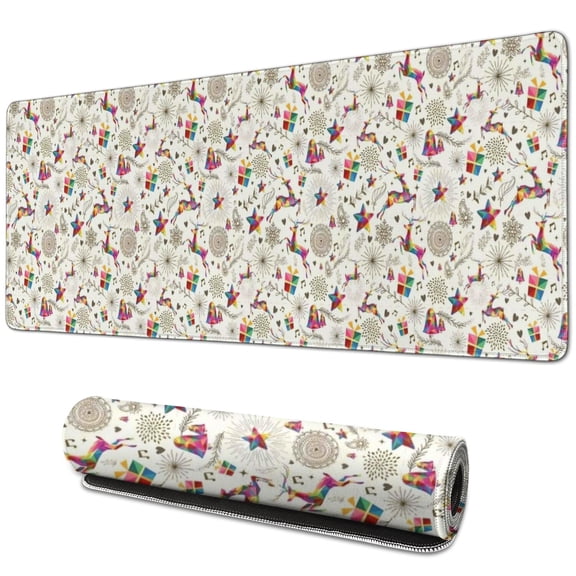 Long Mouse Pads for Desk,White Christmas Star and Gift Pattern Desk Mats on Top Of Desks, Desk Mouse Pad Extra Large with 3mm Non-Slip Base and Stitched Edge for Gaming,Office,Work,Home 31.5x11.8in