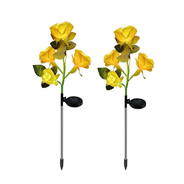 Yellow Plastic Solar Simulation Rose Light Garden Stake Outdoor Decor 2Pcs 29.53X7.87 Inch Yellow