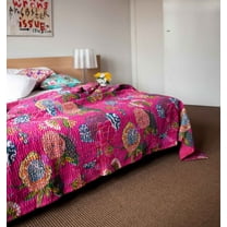 Indian Pink Fruit Print Vintage Kantha Quilt Cotton Kantha Throw Kantha Blanket Handmade Quilt Queen Size Kantha Bedspread Boho Gudari