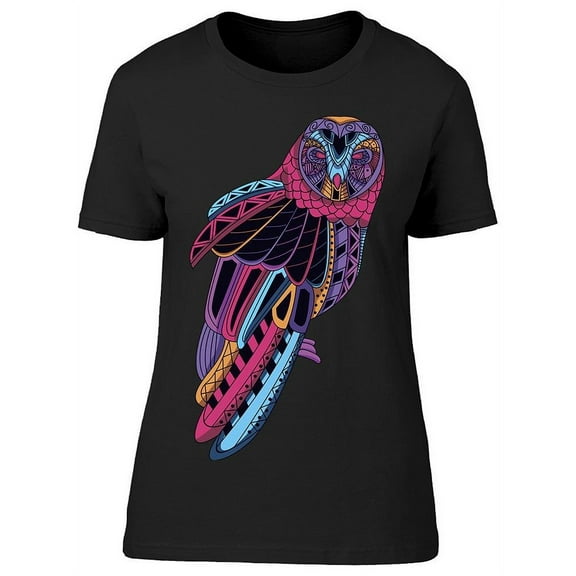 Smartprints Womens Graphic Tee Black - Beautiful Color Owl Bird 100% Cotton Regular Fit