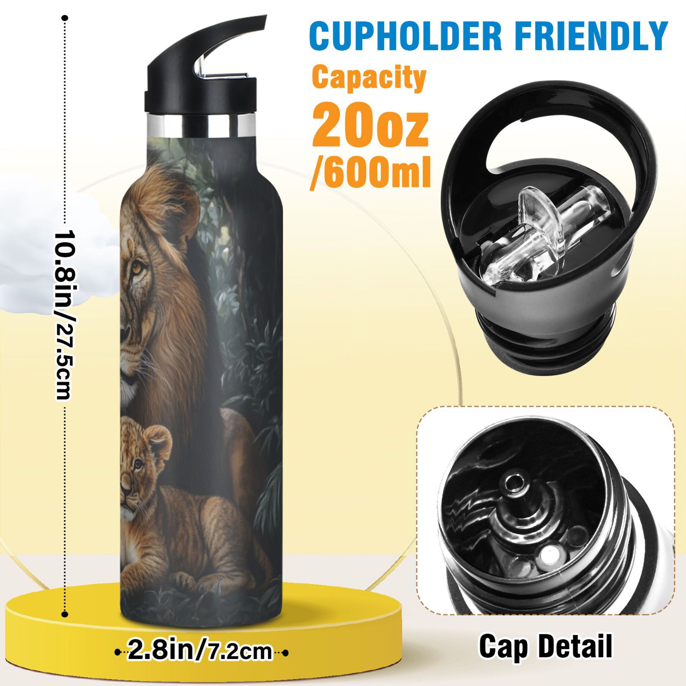 600ML Stainless Steel Insulated Cup Sports Water Bottle Portable Thermos Cup Water Glasses Insulated Tumblers Convenient and Durable Lions