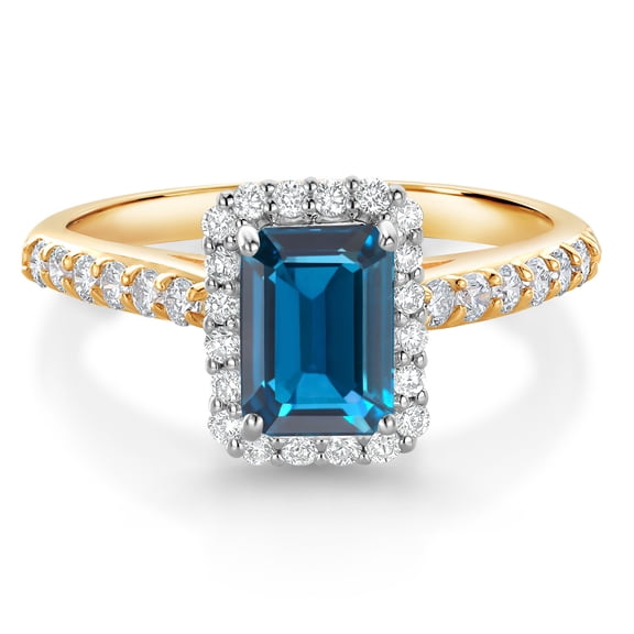 Gem Stone King 1.48 Ct London Blue Topaz G/H Lab Grown Diamond 10K Yellow and White Gold Halo Engagement Ring (Size 8)