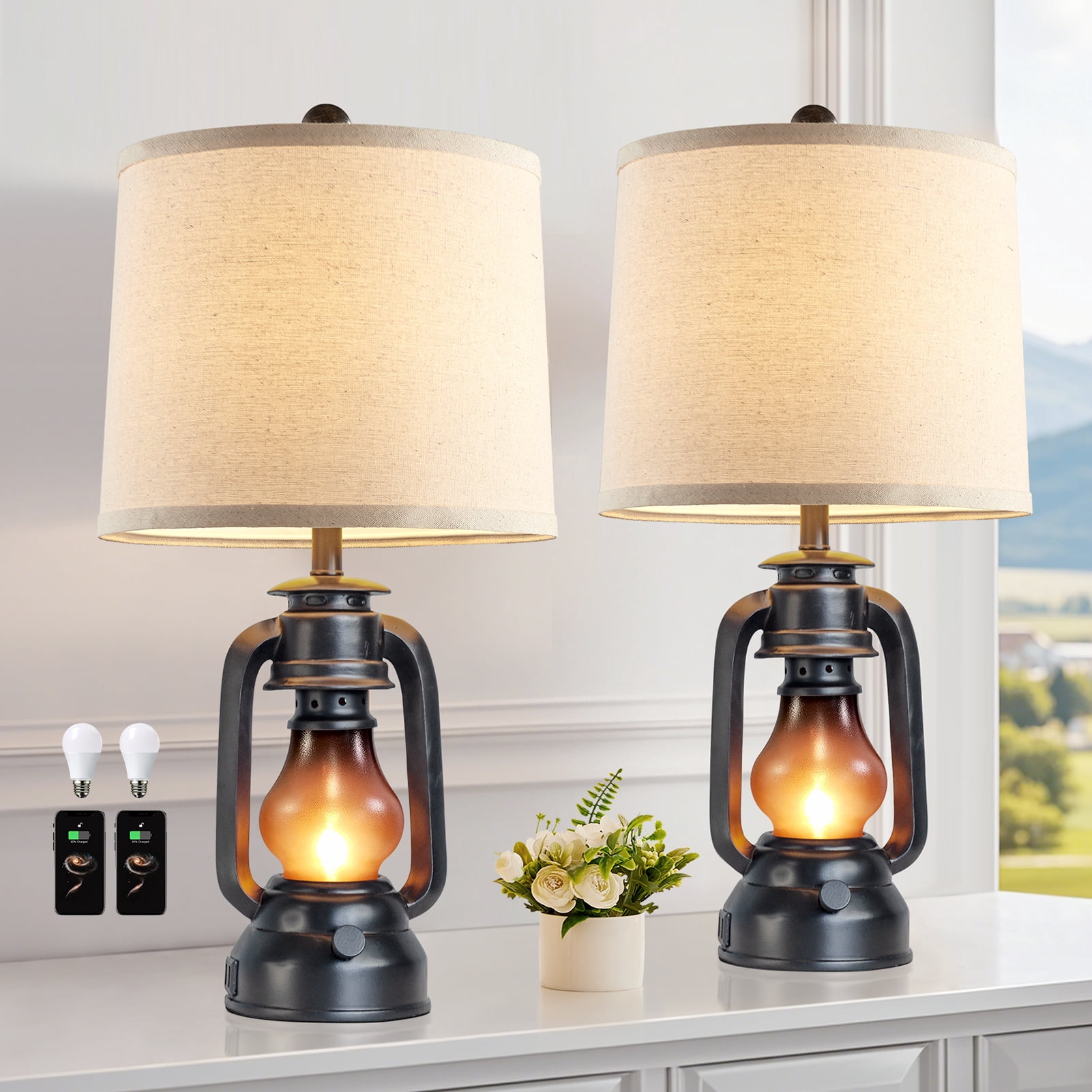 JUJUYUYOP 22" Farmhouse Lantern Table Lamp Set of Two with Dual USB Charging Ports, Suitable for Living Room or Bedroom, Includes 4 Bulbs