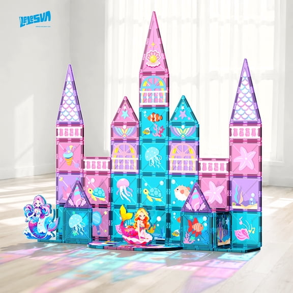LELESUN Mermaid Magnetic Tiles 51PCS STEM Magnetic Building Blocks with Strong Magnets for Kids Ages 3 ,1 pack
