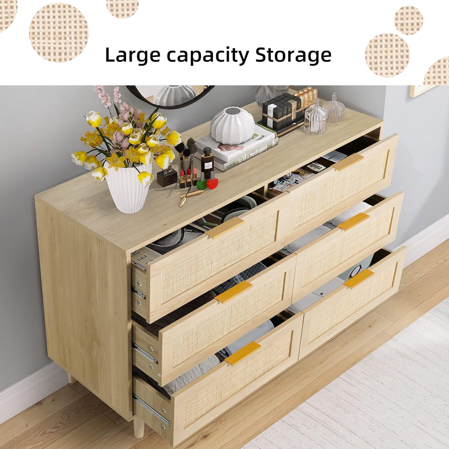 LAZZO 6-Drawer Rattan Dresser, Modern Chest of Drawers, Wooden Storage Organizer for Bedroom, Living Room & Hallway, Natural Wood Color
