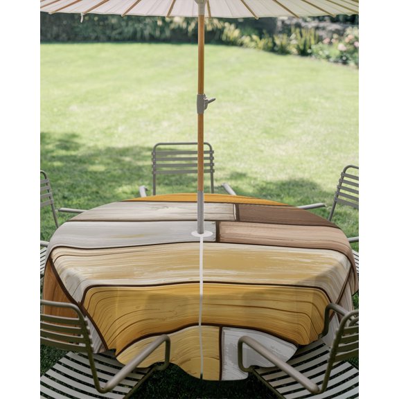 Outdoor Tablecloth with Umbrella Hole, Vintage Yellow Brown Wood Board Zippered Table Cloth for Square Tables, American Pastoral Retro Wooden Washable Waterproof Tablecloths for Picnic Patio Garden