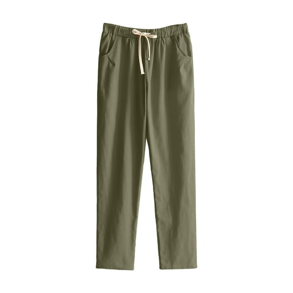 Charmgo Linen Pants Women, Spring/Summer Women's Pants Cotton Linen Elastic Waist Pants Solid Colon Drawstring Ankle Pants Wide Leg Pants for Women Trendy Green XXL
