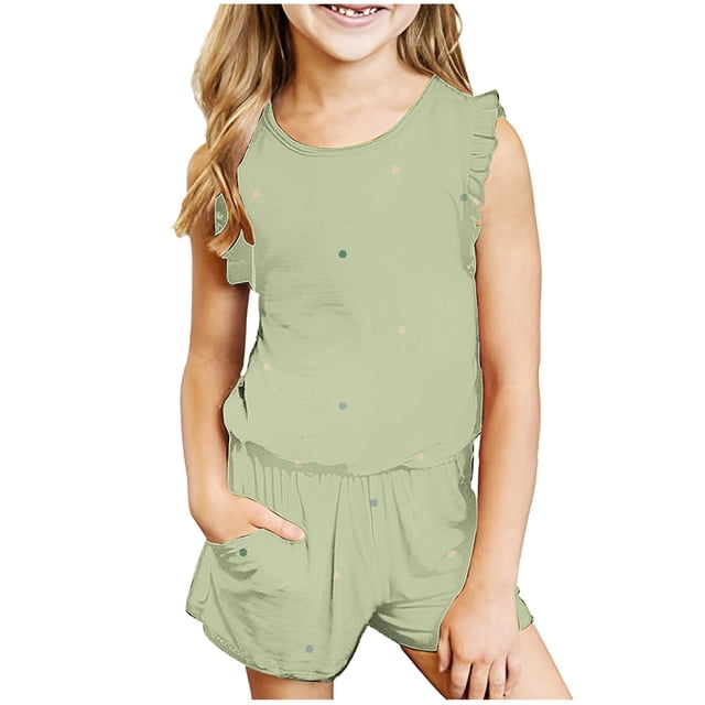 LSLJS Mode Girls' Casual Sans Manches Tops Col Rond Imprimé Pantalon Court Sets Bébé Girls Outfit Sets