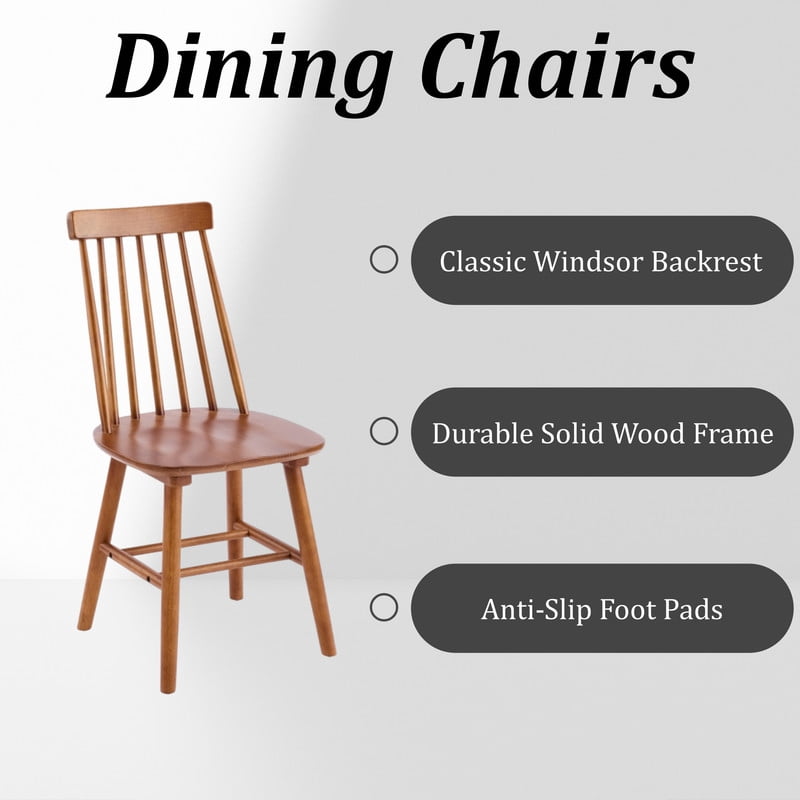 Solid Wood Dining Chairs Set of 2, Ergonomic Windsor Backrest Mid-Century Modern Armless Kitchen Side Chairs