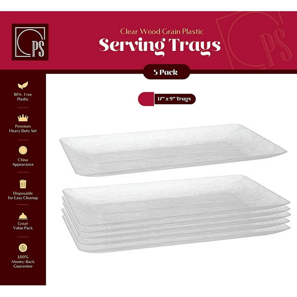 Clear Plastic Serving Tray, Disposable Party Platters, Wood Grain