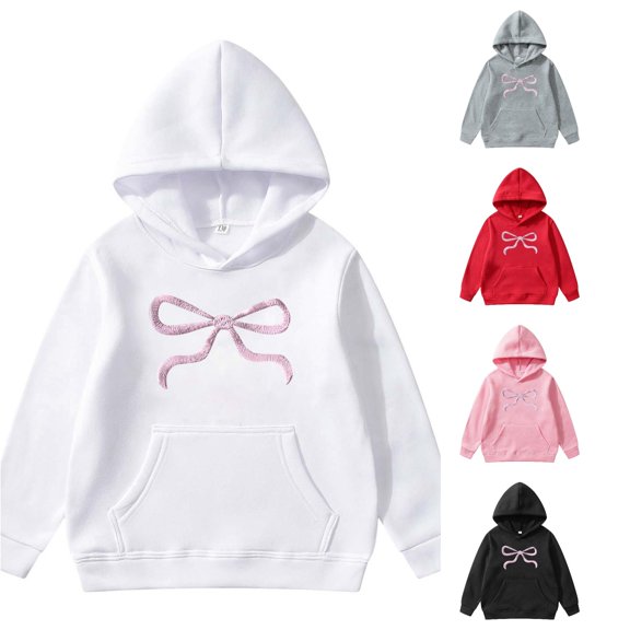 LIIPEE Long Sleeve Hoodie For Girls Fashion Bow Graphic Hooded Sweatshirt With Pockets Kids Autumn Winter Cute Casual Pullover,13-14 Years
