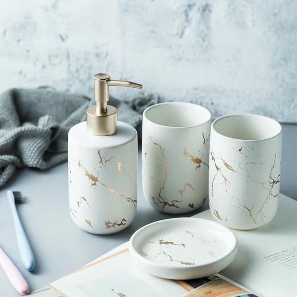 Juego de Accesorios de Mostrador de Baño, de Jabón Dispensador de Loción con Patrón de Mármol de Cerámica, Construcción Blanco 4 piezas Macarena Plato de jabón de baño