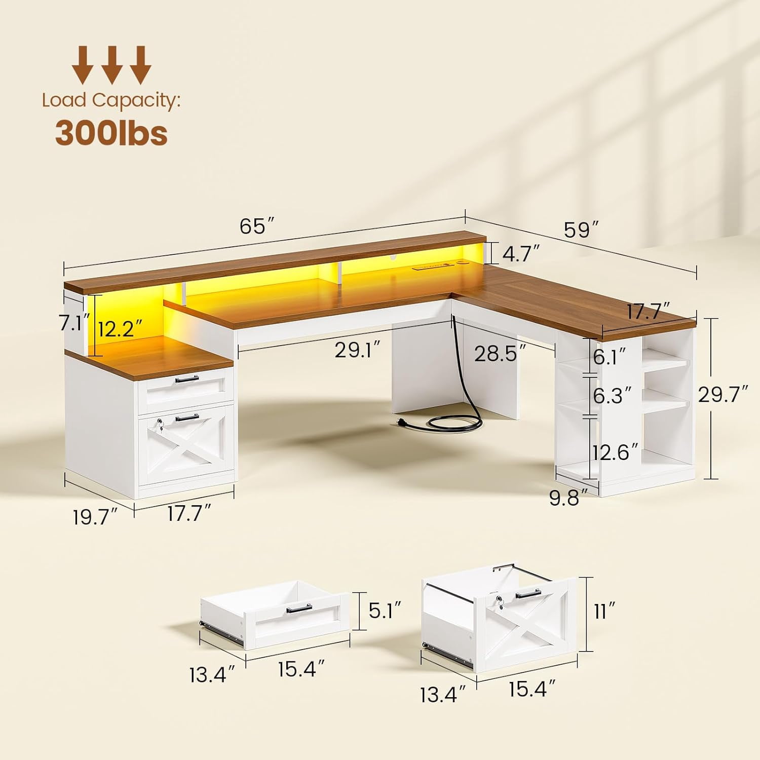 SEDETA L Shaped Desk with 2 Drawers, 65"x 59" Large Home Office Desk with Lockable File Drawer & Power Strip, Corner Desk with Storage & LED Strip, White + Brown