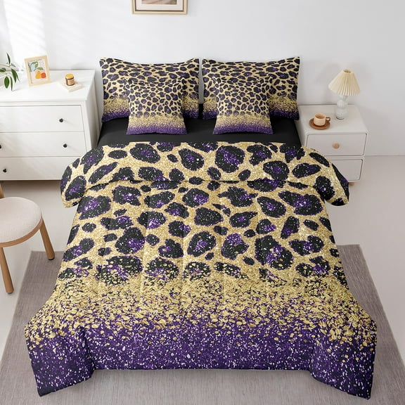 Purple Leopard Print Comforter Set 7 Piece Bed in a Bag Twin,Gold Sequins Print Sheet Set with Comforter,Animal Hide Cheetah Bedding Set African Animals Bed Set Spot Western Decor