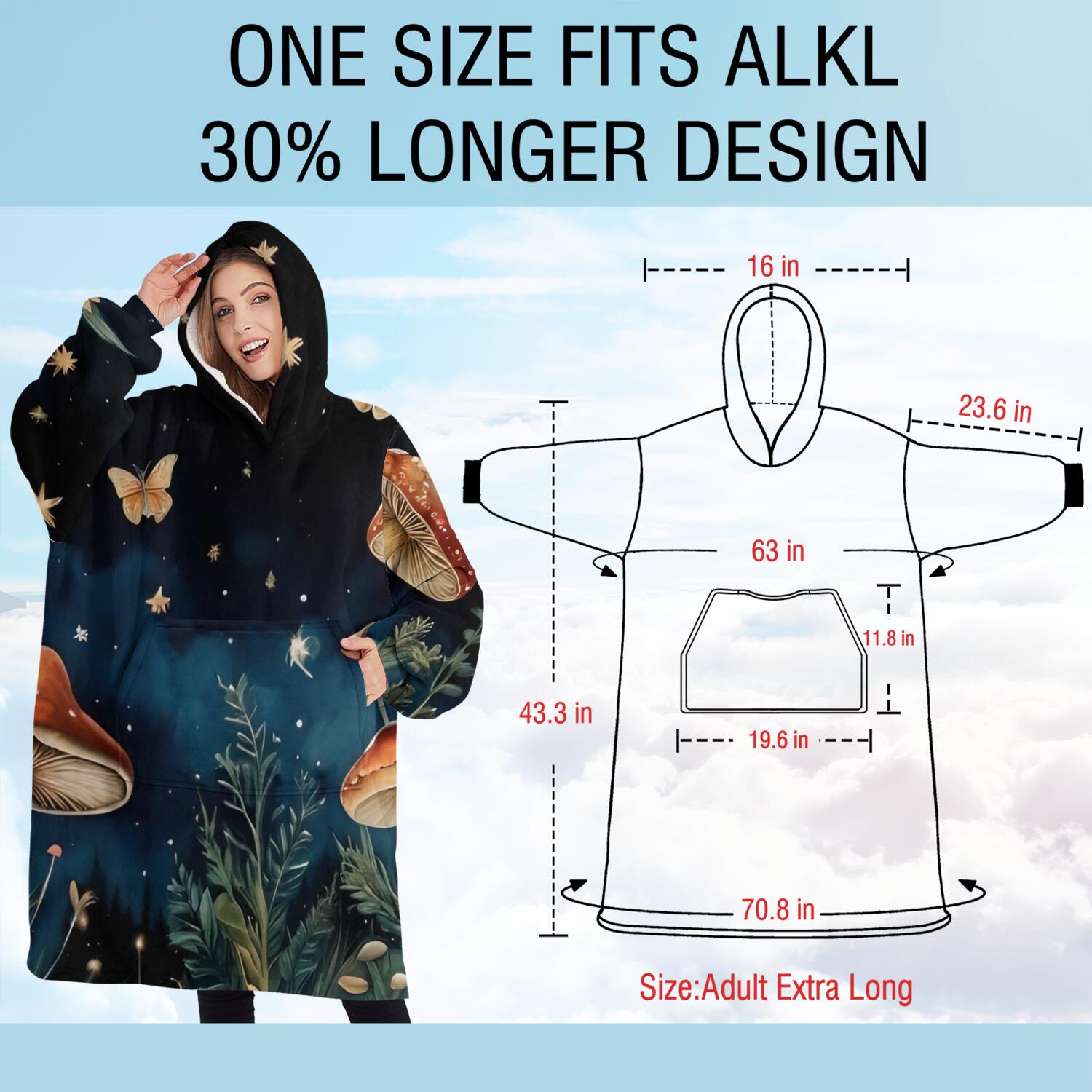 Oversized Wearable Blanket Hoodie,Colorful Mushroom Eye Black Pattern Sherpa Blanket Hoodie with Super Pockets,Super Warm Fuzzy Pullover for Women & Men