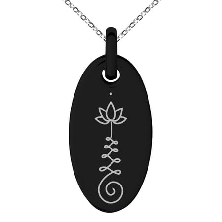 - Stainless Steel Sacred Lotus Unalome Engraved Small Oval Charm Pendant Necklace