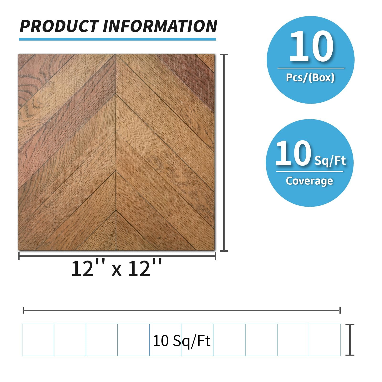 10-pack Herringbone Peel And Stick Vinyl Floor Tiles  12" X Self Adhesive Waterproof Wood Flooring Plank For Living Room Kitchen Bathroom Bedroom Cover 10 Sq. Ft Brown