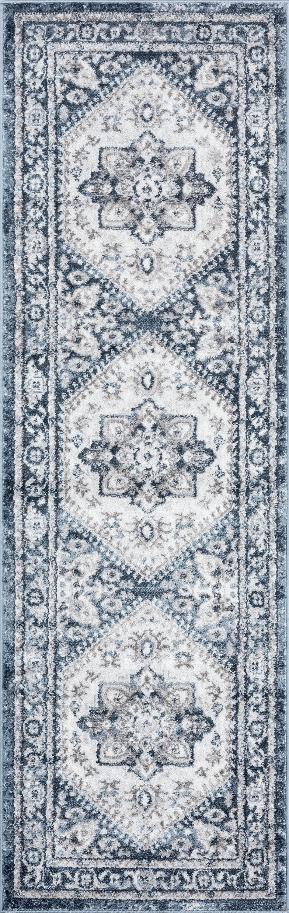 Traditional 2x8 Area Rug (2'3'' x 7'3'') Medallion Blue, White Indoor Runner Easy to Clean