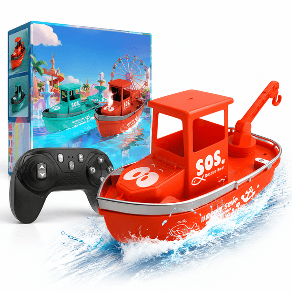 Remote Control Boat, 2.4GHz Mini Dual Propeller RC Rescue Tugboat with Lights & Trim Control, High & Low Speed RC Toy Boat for Pool, Pond, Lake, Aquarium