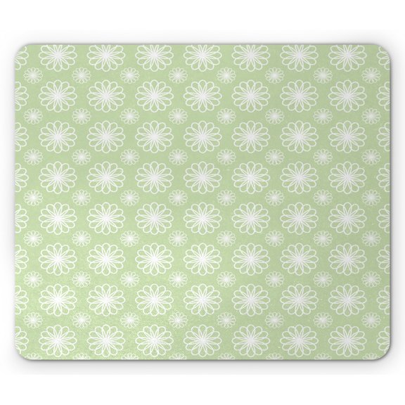 Floral Mouse Pad, Geometric Ornamental Flowers on Green Background Symmetrical Pattern, Rectangle Non-Slip Rubber Mousepad, Pistachio Green White, by Ambesonne