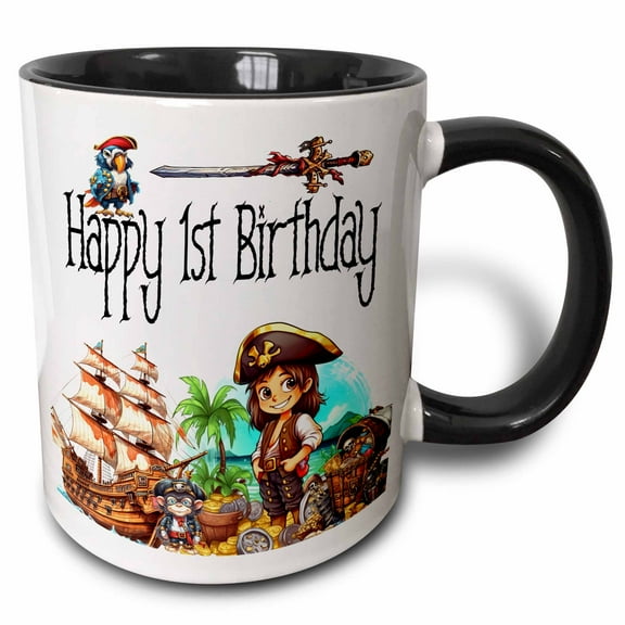 3drose, Cute Pirate and Ship Happy 1st Birthday, 15oz Two-tone Black Mug