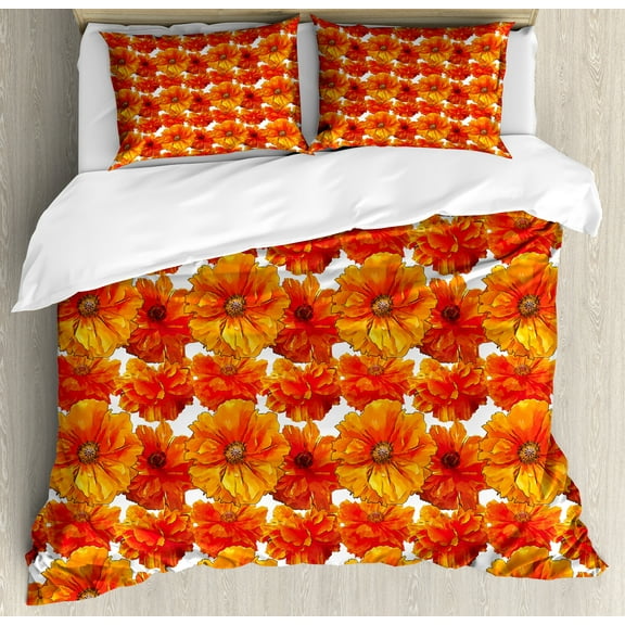 Orange Duvet Cover Set, Big Flourishing Bohemian Poppies on the Antique Background Graphic Design, Decorative 3 Piece Bedding Set with 2 Pillow Shams, Calking Size, Burnt Orange White, by Ambesonne