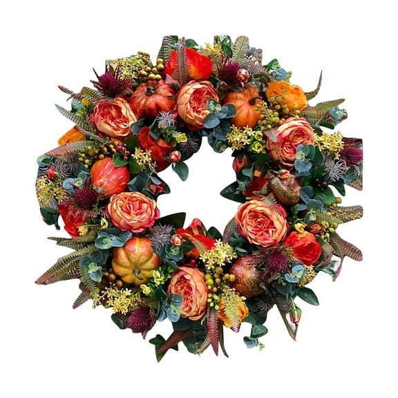 PPKVUFD 16 Inch Fall Wreaths for Front Door, Fall Wreath Front Door with Orange Peony and Pumpkins-Fall Decoration for Home-Large Fall Decor Door Wreath for Autumn
