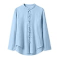 thumbnail image 6 of UVEASISHA Mens Cotton Linen Shirts Roll Up Long Sleeve Stand Collar Beach Shirt Lightweight Casual Chinese Frog Button Work Shirts Solid Color Collarless Tops Light Blue 3XL, 6 of 10